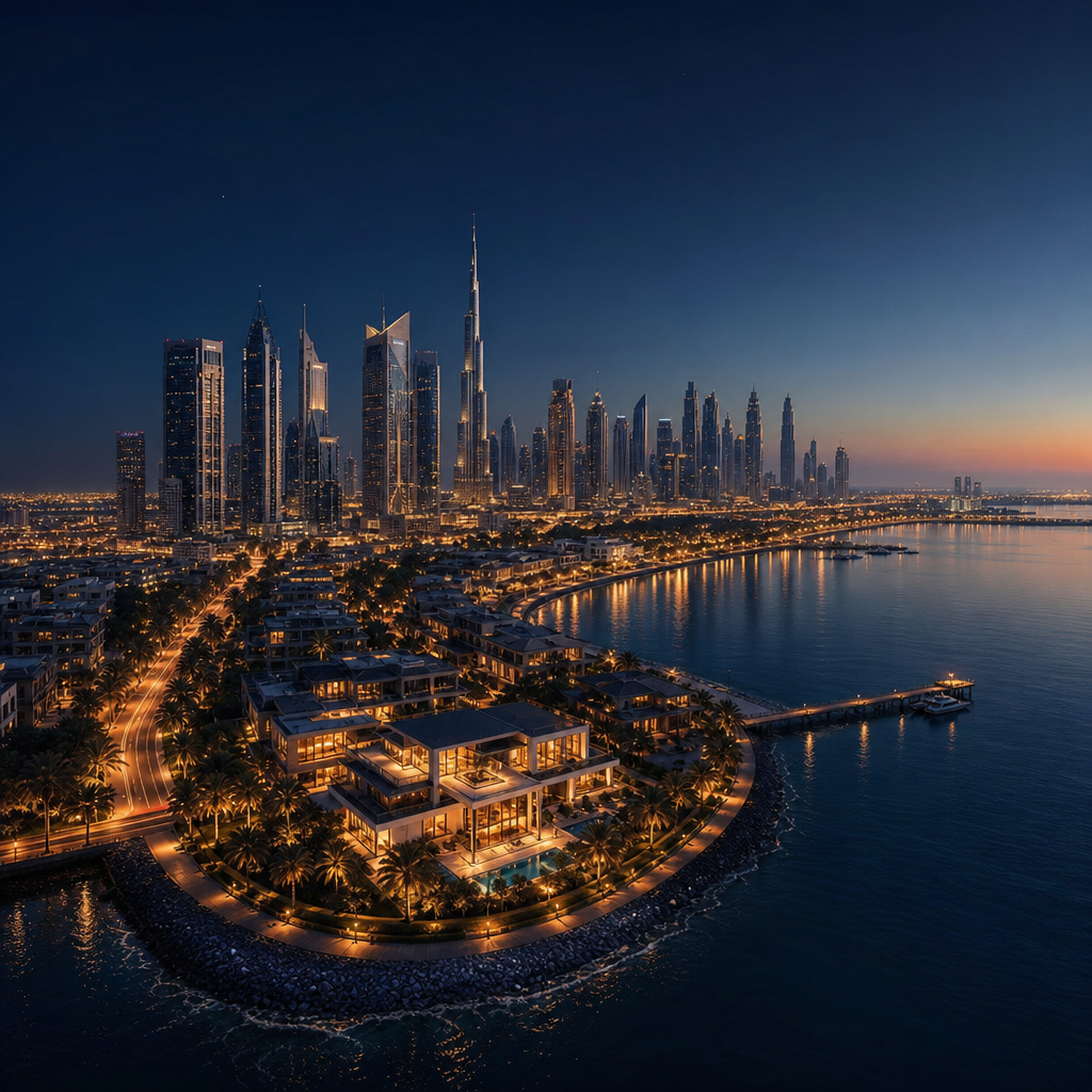 Aerial view of a premium UAE coastal city skyline at dusk